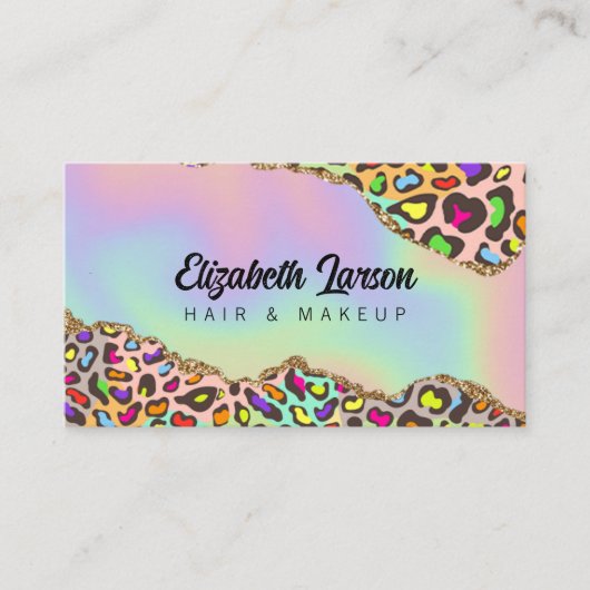 Chique Leopard Iridescent Holografisch Haar Salon Visitekaartje (Voorkant)