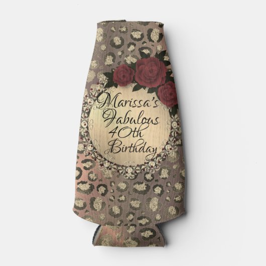 Chique Leopard Roos Fabulous 40th Birthday aanpass Flesjeskoeler (Voorkant)