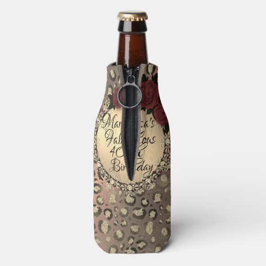 Chique Leopard Roos Fabulous 40th Birthday aanpass Flesjeskoeler (Fles Achterkant)