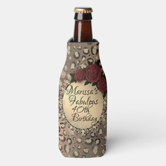 Chique Leopard Roos Fabulous 40th Birthday aanpass Flesjeskoeler (Fles Voorkant)