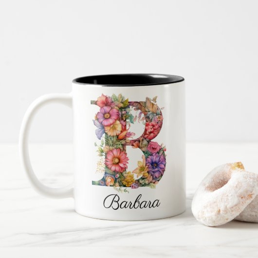 Chique letter B | Whimsical Bloemenbrief Monogram Tweekleurige Koffiemok (Met donut)