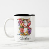 Chique letter B | Whimsical Bloemenbrief Monogram Tweekleurige Koffiemok (Links)