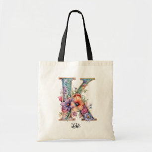 Chique letter K Whimsical Bloemenbrief Monogram Tote Bag