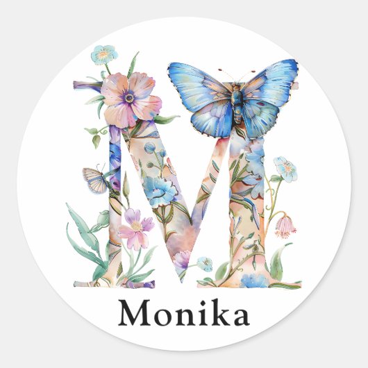 Chique letter M | Whimsical Bloemenbrief Monogram Ronde Sticker (Voorkant)