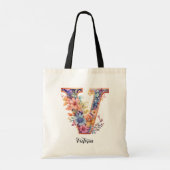 Chique letter V | Whimsical Bloemenbrief Monogram Tote Bag (Achterkant)