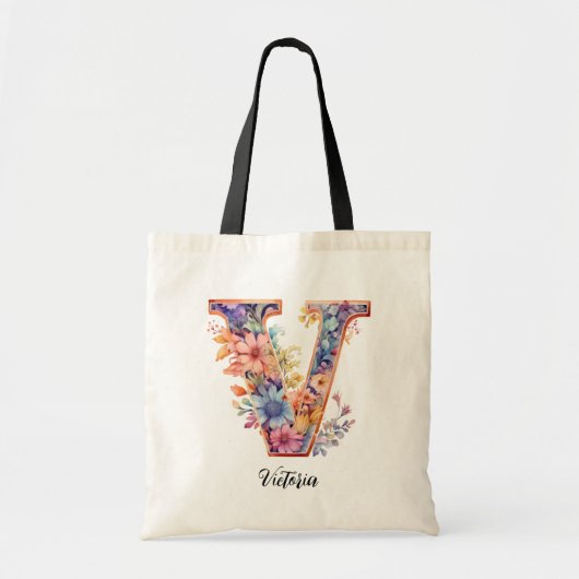 Chique letter V | Whimsical Bloemenbrief Monogram Tote Bag (Voorkant)