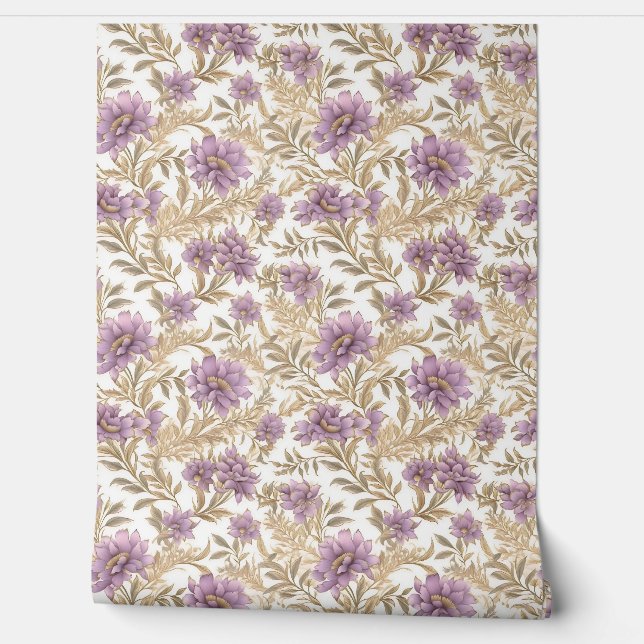 Chique licht pastel paarse en faux gouden bloemen behang (Afrollen)