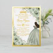 Chique lichtgroene bloemige bruine prinsessen Quin Folie Uitnodiging (Staand Voorkant)