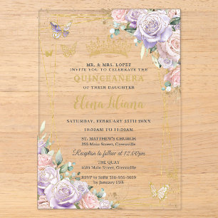 Chique Lila Blush Bloemrozen Quinceanera Sweet 16 Acryl Uitnodigingen