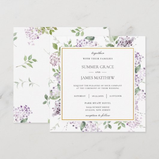 Chique Lila Paarse Bloemen Groen Bruiloft Plein Kaart (Voorkant / Achterkant)