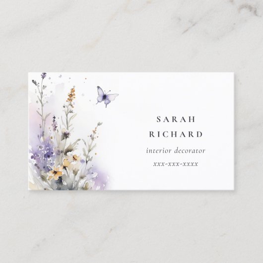 Chique Lila Paarse Wildflower Vlinder Waterverf Visitekaartje (Voorkant)