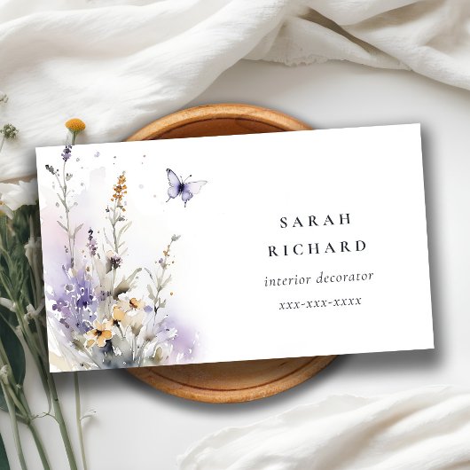 Chique Lila Paarse Wildflower Vlinder Waterverf Visitekaartje