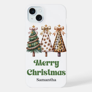 Chique luipaardpatroon kerstbomen aangepaste naam iPhone 15 plus case