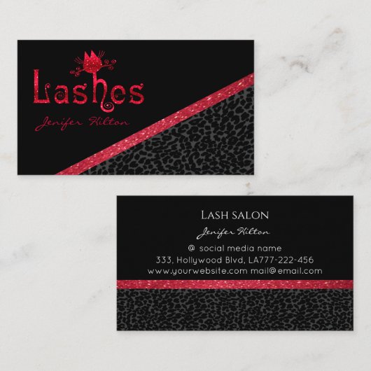 Chique luipaardprint glitterkatten wimpers logo visitekaartje (Voorkant / Achterkant)