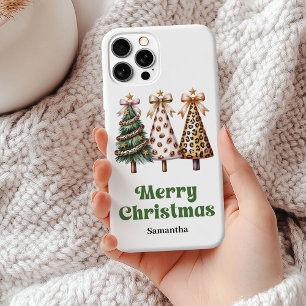 Chique luipaardprint kerstbomen met eigen naam iPhone 15 mini hoesje