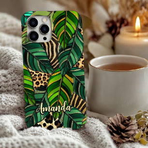 chique luipaardprint monstera bladeren monogram Ho iPhone 16 Hoesje
