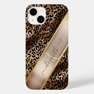 Chique Luipaardprint Zwart Brons Monogram Case-Mate iPhone 14 Hoesje