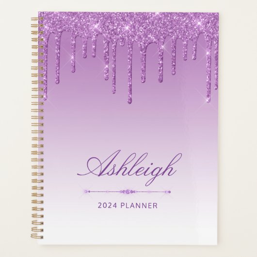 Chique luxe glitter druppels paars 2024 planner (Voorkant)
