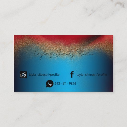 Chique luxe gouden glitter op blauw en rood metaal visitekaartje (Achterkant)