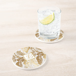 Chique luxe monogram Monstera blad Zandsteen Onderzetter