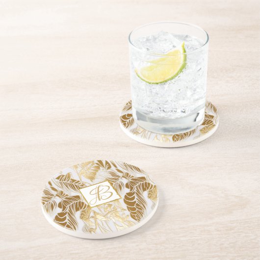 Chique luxe monogram Monstera blad Zandsteen Onderzetter (Zijkant)