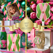 Chique Luxe Monogrammed Roze en Groen Pickleball Paddle