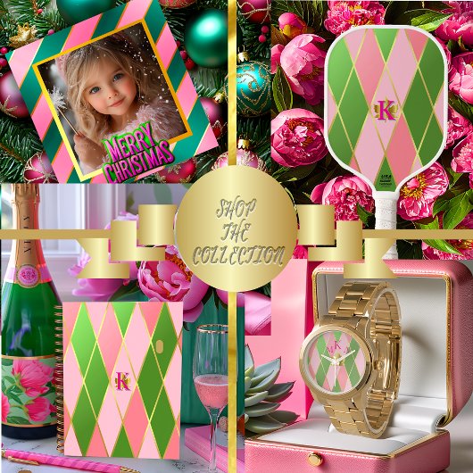 Chique Luxe Monogrammed Roze en Groen Pickleball Paddle