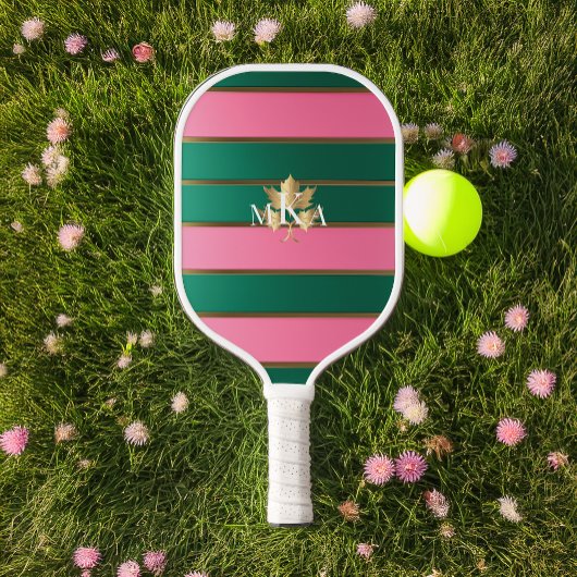 Chique Luxe Monogrammed Roze en Groen Pickleball Paddle