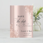 Chique luxe roze gouden glinsterende druppels Save The Date (Staand voorkant)