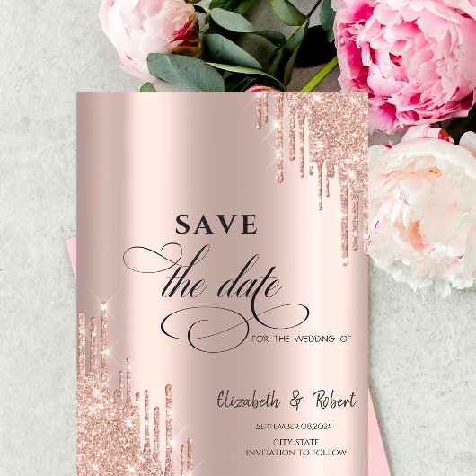 Chique luxe roze gouden glitters druppels Bewaar d Save The Date