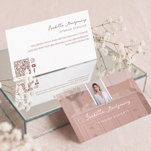 Chique Luxe Roze Script Interieur Ontwerper Foto Q Visitekaartje