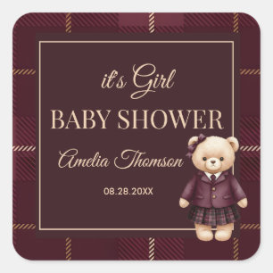 Chique luxe teddybeer babyshower vierkante sticker