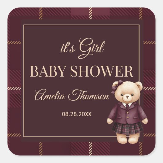 Chique luxe teddybeer babyshower vierkante sticker (Voorkant)