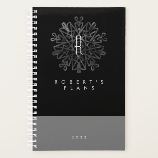 Chique Luxe Zwart en Wit Sierlijk Monogram  Planner (Voorkant)
