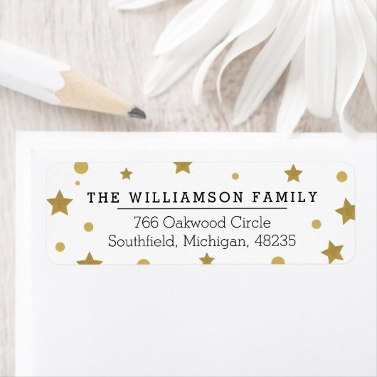 Chique magisch goud & zwarte sterren & polka dot etiket (Insitu)