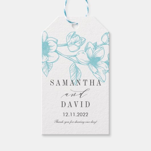 Chique Magnolia Bloemen | Bleek blauw | Bruiloft Cadeaulabel (Voorkant)