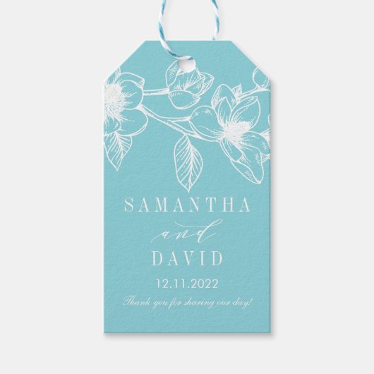 Chique Magnolia Bloemen | Bleek blauw | Bruiloft Cadeaulabel (Voorkant)