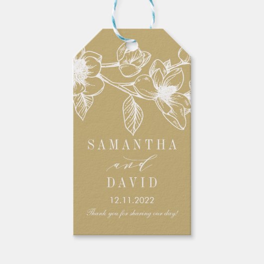Chique Magnolia Bloemen | Gouden bruiloft Cadeaulabel (Voorkant)