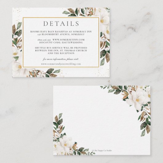 Chique Magnolia Bloemen Groen Bruiloft Details Informatiekaartje (Voorkant / Achterkant)
