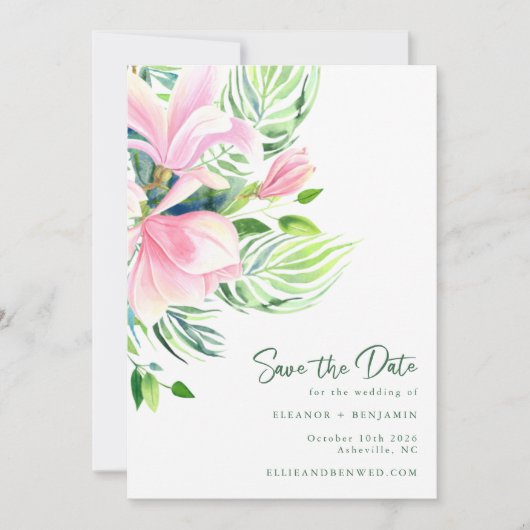 Chique Magnolia Bloemen in Roze Waterverf Save The Date (Voorkant)