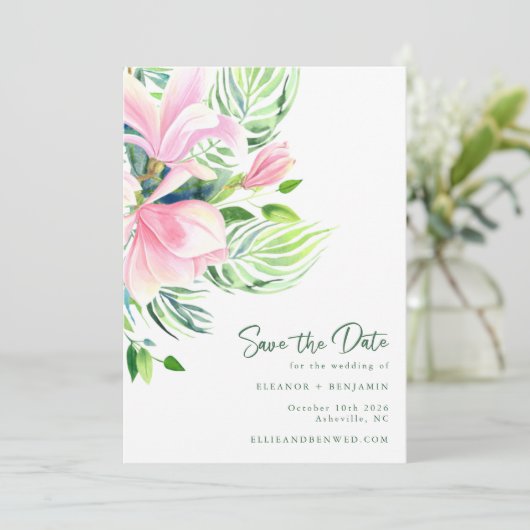 Chique Magnolia Bloemen in Roze Waterverf  Save The Date (Staand voorkant)