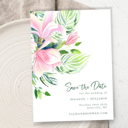 Chique Magnolia Bloemen in Roze Waterverf Save The Date