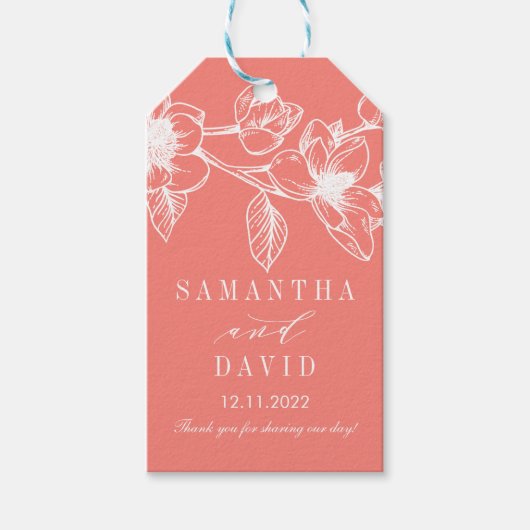 Chique Magnolia Bloemen | koraal | Bruiloft Cadeaulabel (Voorkant)