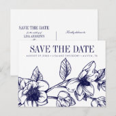 Chique Magnolia Bloemen | Marineblauw | Bewaar de Aankondigingskaart (Voorkant / Achterkant)