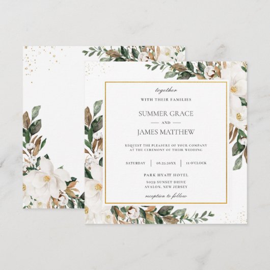 Chique Magnolia bloemengroen bruiloft plein in Kaart (Voorkant / Achterkant)