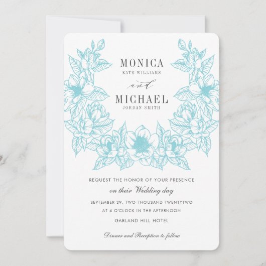 Chique Magnolia krans | Bleek blauw | Bruiloft Kaart (Voorkant)