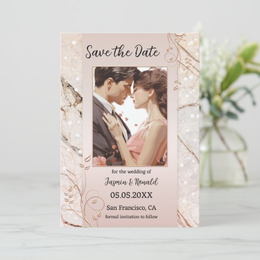 Chique Marble Blush Roze Foto Save the Date Kaart (Staand voorkant)
