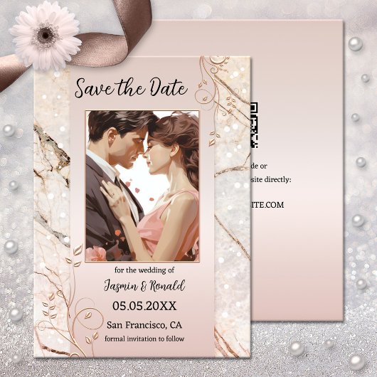 Chique Marble Blush Roze Foto Save the Date Kaart