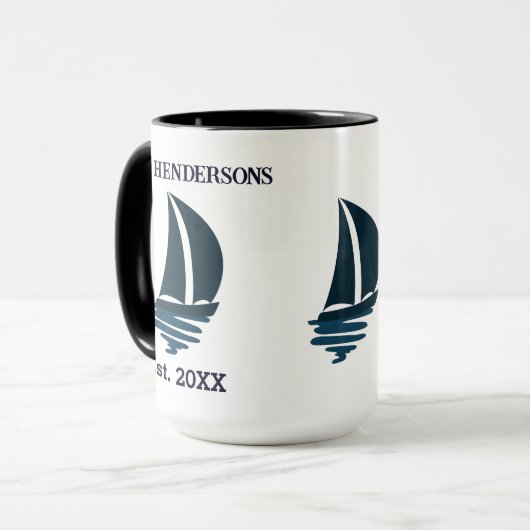 Chique marine blauw boot familienaam jacht mok (Voorkant links)