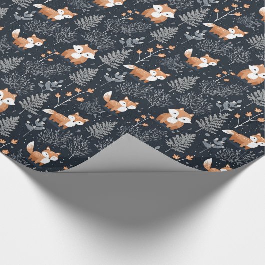 Chique marine blauw en sinaasappel bosdieren vos cadeaupapier (Hoek)